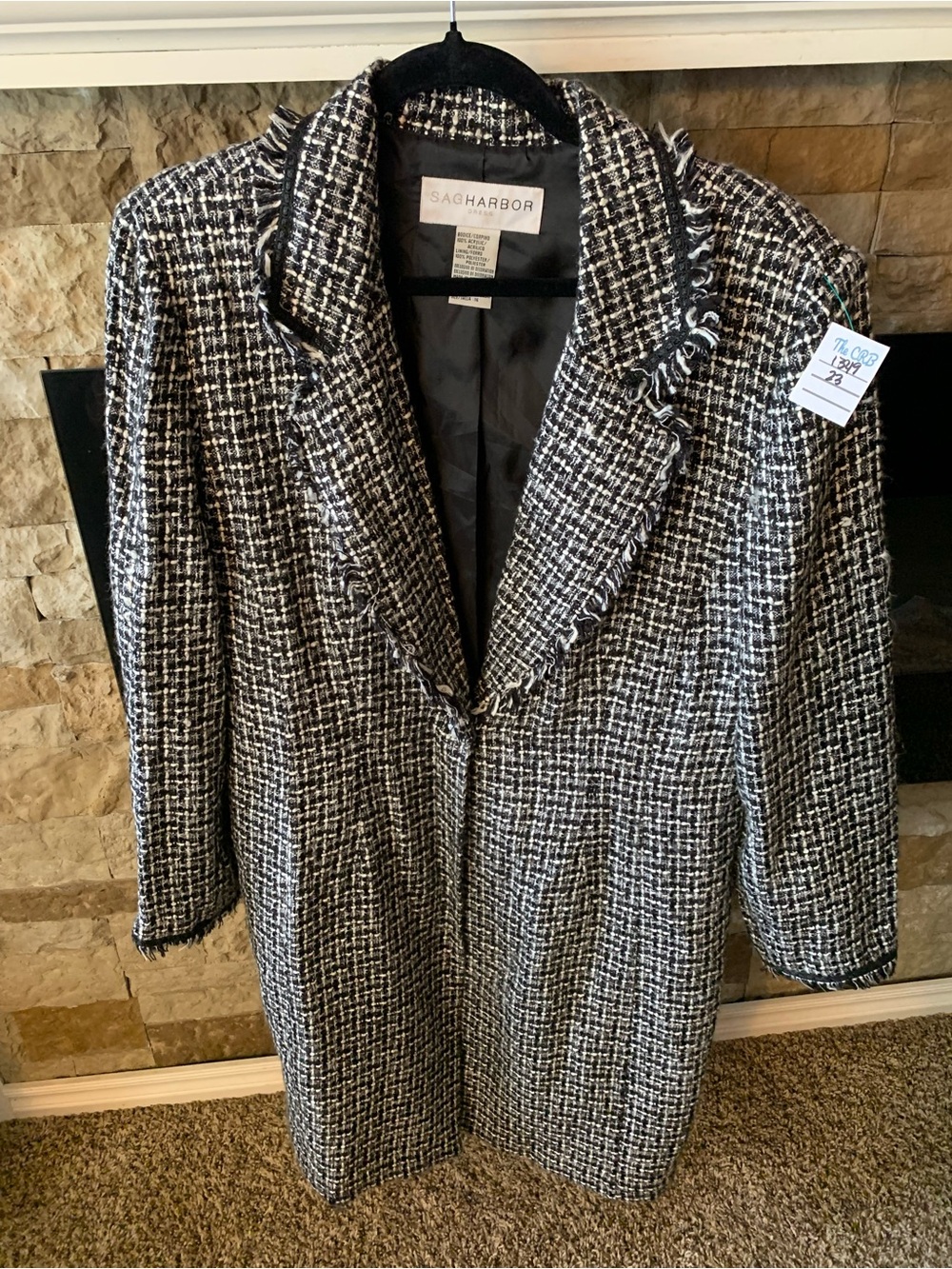 VTG Sag Harbor Black & White Tweed Frayed-Trim Pea Coat Old Money